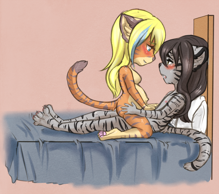 2015 anthro bed blush breasts cowgirl_position duo feline female hair male male/female mammal mrspreinz nude on_top open_mouth pillow pregnant sex straddling tiger