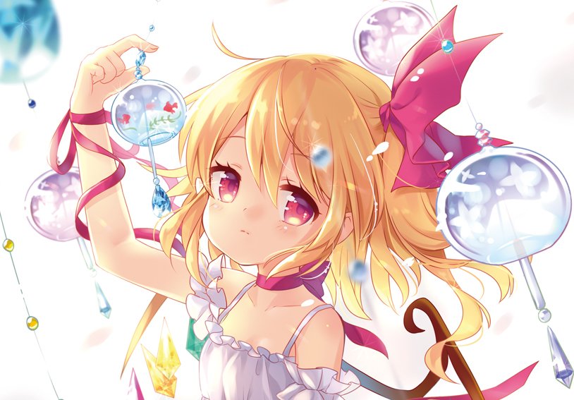 1girl alternate_costume arm_up backlighting bare_shoulders blonde_hair blurry blurry_foreground blush choker closed_mouth collarbone commentary_request depth_of_field flandre_scarlet frown hair_between_eyes hair_ribbon jpeg_artifacts medium_hair mimi_(mimi_puru) no_hat no_headwear one_side_up red_eyes red_ribbon ribbon ribbon_choker short_sleeves solo sparkle touhou upper_body white_background wind_chime wings wrist_ribbon