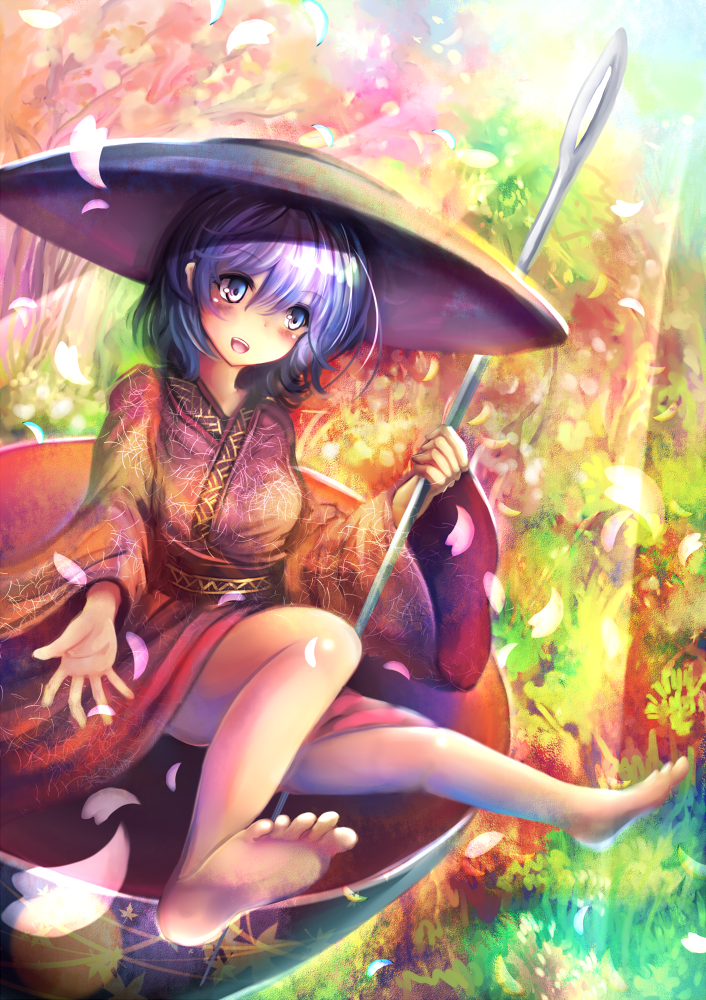 bad_id bad_pixiv_id barefoot blush cuby_(dondoriansama) holding_needle in_bowl in_container japanese_clothes kimono light_rays looking_away minigirl multicolored multicolored_background needle obi open_hand open_mouth outdoors petals purple_eyes purple_hair sash short_hair solo sukuna_shinmyoumaru sunbeam sunlight touhou
