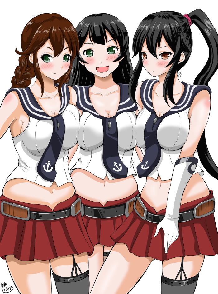 agano_(kantai_collection) bare_shoulders belly_peek black_hair braid breast_press breasts brown_eyes brown_hair gloves green_eyes kantai_collection large_breasts long_hair looking_at_viewer miniskirt multiple_girls navel noshiro_(kantai_collection) open_mouth ponytail red_skirt sidelocks skirt smile symmetrical_docking twin_braids very_long_hair white_gloves yahagi_(kantai_collection) yano_toshinori