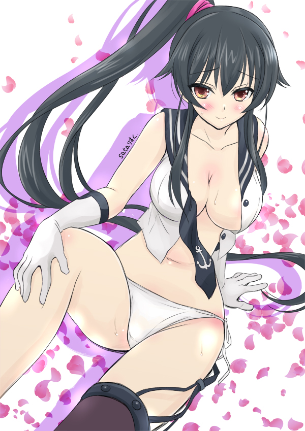 arm_support black_hair breasts cleavage gloves kantai_collection large_breasts long_hair looking_at_viewer mismatched_legwear open_clothes open_shirt panties ponytail red_eyes sata_(sat) shirt sitting smile solo thighhighs underwear white_panties yahagi_(kantai_collection)