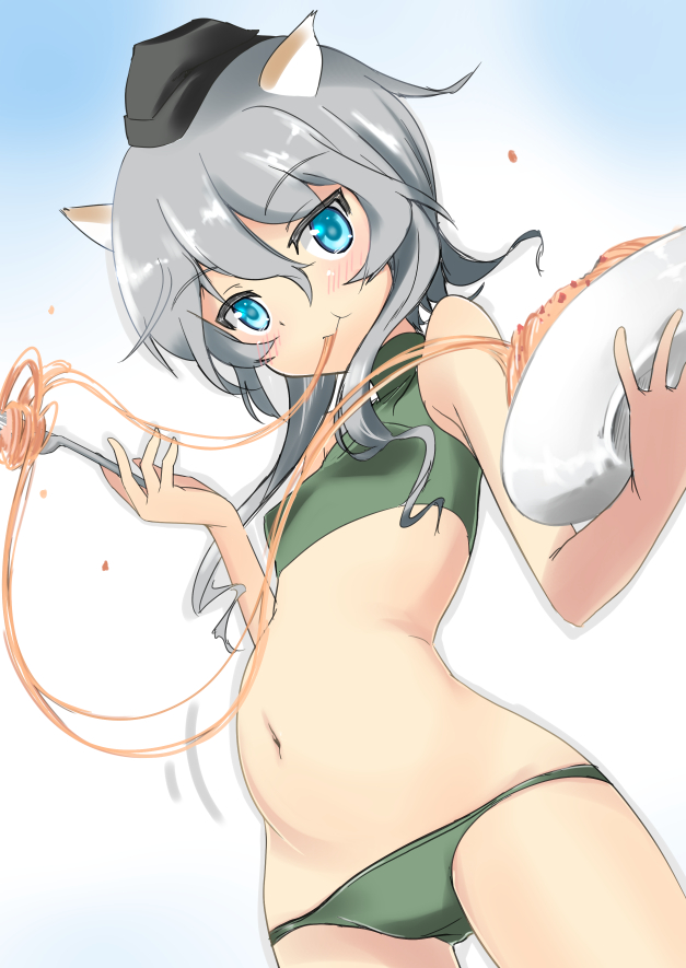 :t animal_ears bare_shoulders belly blue_eyes blush cat_ears food fork garrison_cap giuseppina_ciuinni green_panties grey_hair hat holding holding_fork holding_plate long_hair midriff navel panties pasta plate solo spaghetti stomach_bulge underwear world_witches_series yuzuyoukan