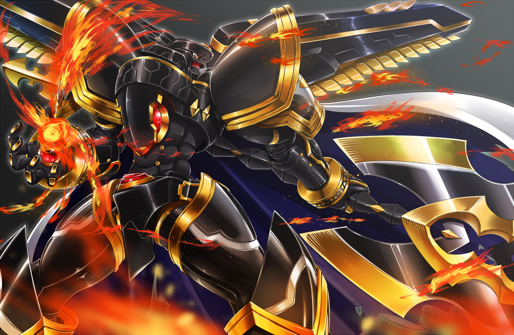 alphamon alphamon_ouryouken armor cape digimon epic fire flames full_armor highres kyÅ«kyoku_senjin_ouryÅ«ken monster no_humans royal_knights seraphwia solo spikes sword weapon wings yellow_eyes