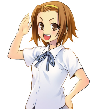 :d arm_up azu blue_ribbon blush brown_eyes brown_hair buttons collared_shirt hair_pulled_back hand_on_hip k-on! looking_at_viewer lowres open_mouth ribbon salute school_uniform shirt short_hair short_sleeves simple_background smile solo tainaka_ritsu upper_body v-shaped_eyebrows white_background wing_collar