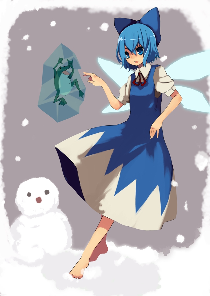 bad_id bad_pixiv_id barefoot blue_eyes blue_hair bow cirno frog fuurin_(omaemona) hair_bow hands short_hair snowman solo touhou wings