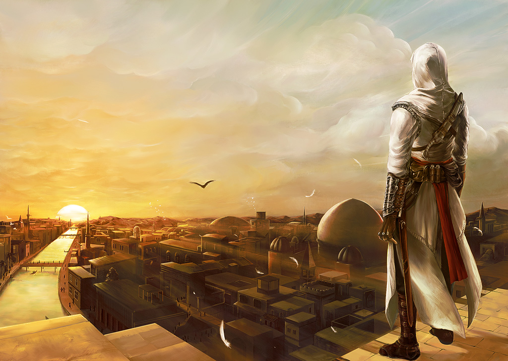 altair_ibn_la-ahad assassin's_creed assassin's_creed_(series) bad_id bad_pixiv_id cityscape gloves hood knife male_focus scenery sheath sky solo sword tomoe_(casterm) vambraces weapon weapon_on_back