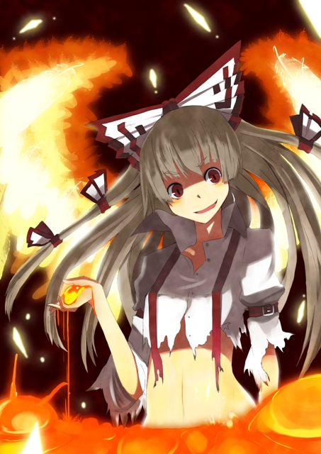 bad_id bad_pixiv_id bow crazy crazy_eyes fiery_wings fire fujiwara_no_mokou fuurin_(omaemona) hair_bow hair_ribbon long_hair molten_rock red_eyes ribbon silver_hair smile solo suspenders torn_clothes touhou wings