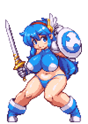 animated animated_gif armor bikini_armor bikini_bottom blue_eyes blue_hair boots bouncing_breasts breasts fighting_stance gloves hairband huge_breasts impossible_clothes impossible_shirt long_hair lowres navel original pixel_art sb_(coco1) shield shirt solo sword tecna weapon