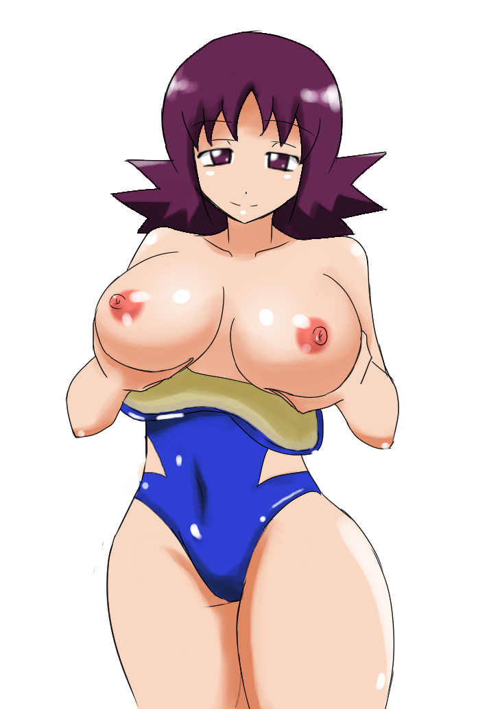 a.k.o.t. breast_lift breasts breasts_outside competition_swimsuit cowboy_shot large_breasts looking_at_viewer nipples one-piece_swimsuit pokemon pokemon_(anime) purple_eyes purple_hair short_hair smile solo swimsuit thighs uchikido_(pokemon)