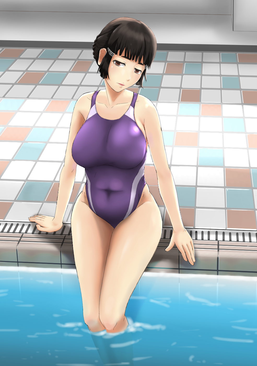breasts brown_eyes brown_hair competition_swimsuit hair_bun hair_ornament hairclip highres huge_breasts kantai_collection kauchoro_(namikazemakase) lips myoukou_(kantai_collection) one-piece_swimsuit pool poolside short_hair sitting smile solo swimsuit water