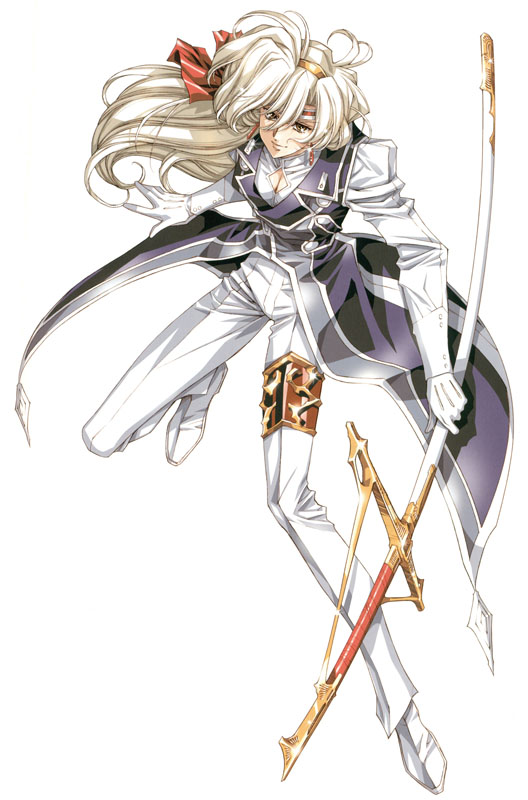 bow brown_eyes coat earrings full_body gloves growlanser growlanser_i hair_bow jewelry julia_douglas long_hair official_art pants red_hair shoes smile solo sword urushihara_satoshi weapon white_background white_footwear white_gloves white_hair