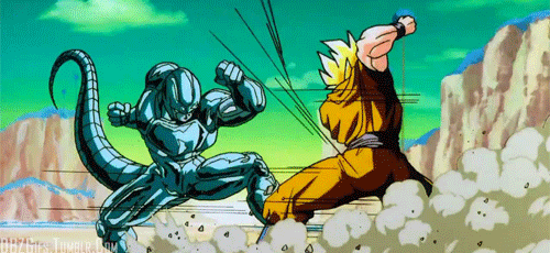 2boys 90s android animated animated_gif cooler_(dragon_ball) dragon_ball dragonball_z dust fighting male_focus multiple_boys muscle namek punch punching son_gokuu super_saiyan tail tree violence