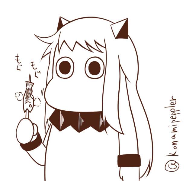 chewing commentary cosplay eating fish horns kantai_collection mittens monochrome moomin muppo no_humans northern_ocean_hime northern_ocean_hime_(cosplay) sazanami_konami shinkaisei-kan simple_background twitter_username