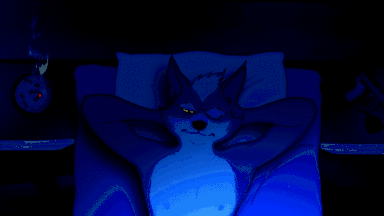 animated anthro bed black_nose canine fur grey_fur lying male mammal nintendo pillow solo star_fox unknown_artist video_games white_fur wolf wolf_o'donnell