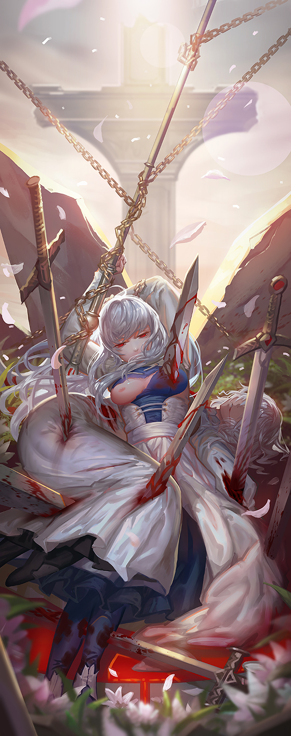 blood breasts dress fate/stay_night fate_(series) guro highres leysritt medium_breasts multiple_girls nipples red_eyes saber_01 sella silver_hair stabbed torn_clothes