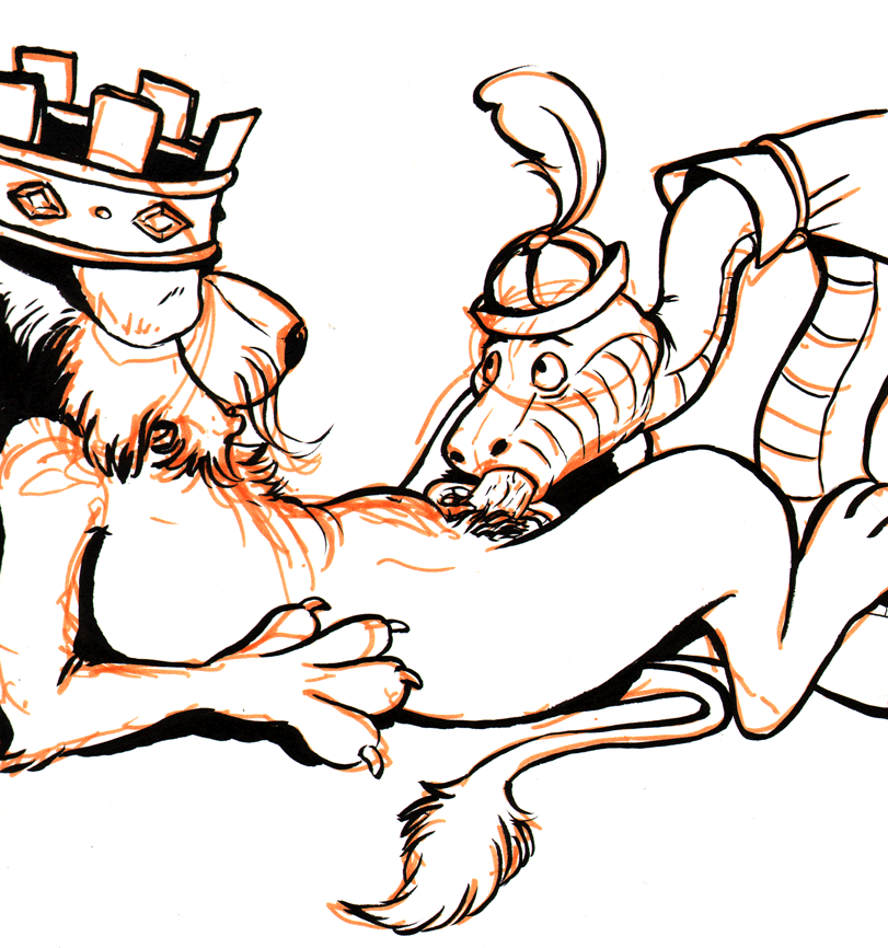 anthro anthro_on_feral bestiality crown duo feline fellatio feral fur hat interspecies lion lying male male/male mammal mendes monochrome oral prince_john reptile robin_hood_(disney) scalie sex sir_hiss sketch snake whiskers