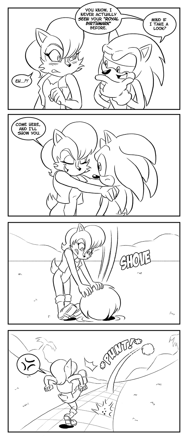angry archie_comics blush chauvels clothing comic english_text female hedgehog kick male mammal monochrome rodent sally_acorn smile sonic_(series) sonic_the_hedgehog squirrel text vest video_games