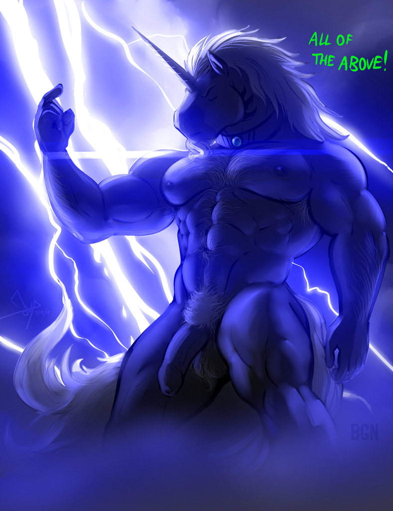 anthro balls bgn equine eyes_closed horn lightning male mammal muscles nado_(character) penis solo uncut unicorn