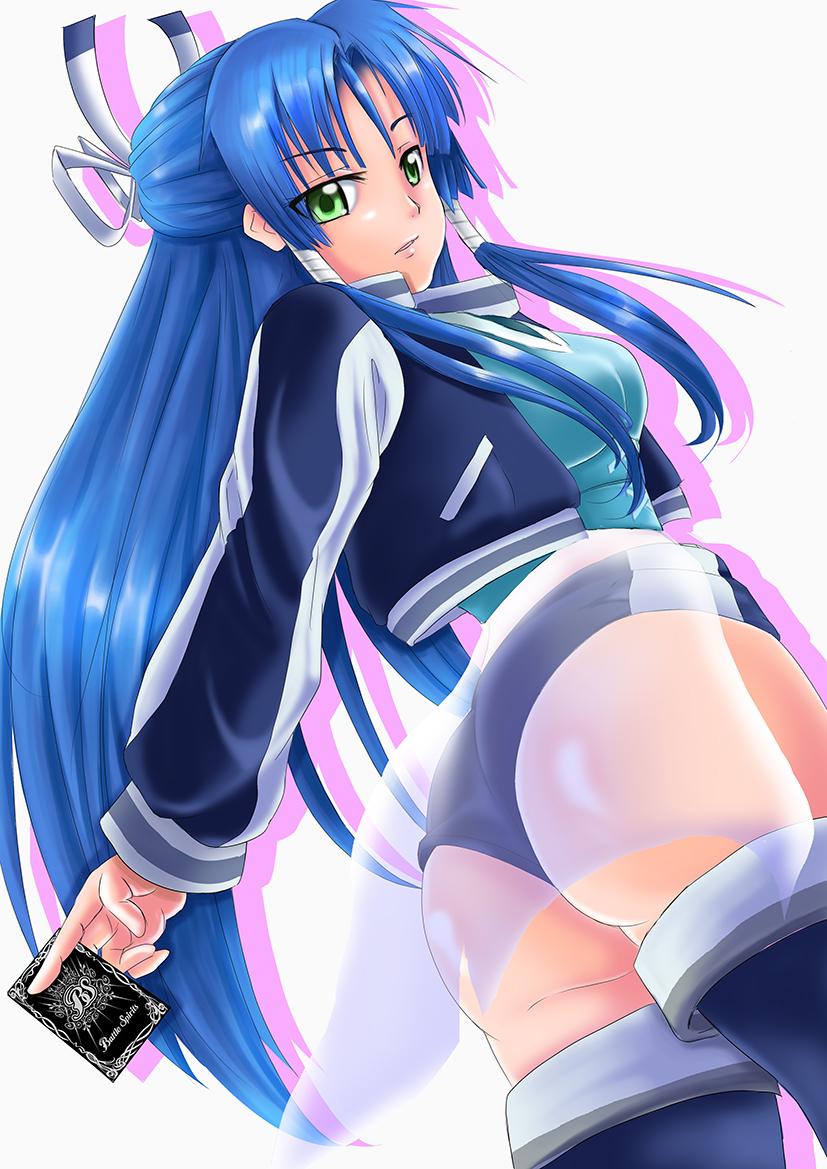 1girl ass battle_spirits battle_spirits:_burning_soul blue_hair boots breasts character_request from_behind from_below gunjou_souun hair_ornament huge_ass jacket long_hair looking_at_viewer looking_down parted_lips shiny shiny_skin short_shorts shorts solo thigh_boots yappy