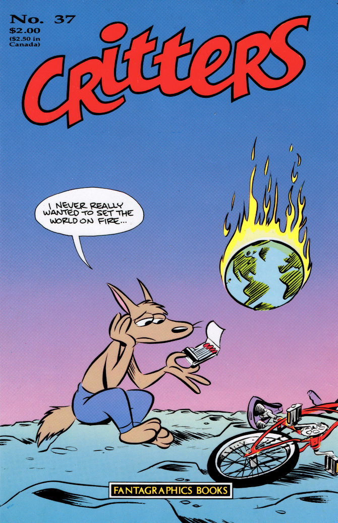 1987 anthro bicycle canine clothed clothing comic cover crater critters_(comic_book) earth english_text fire half-dressed male mammal matches mike_kazaleh moon sitting text topless