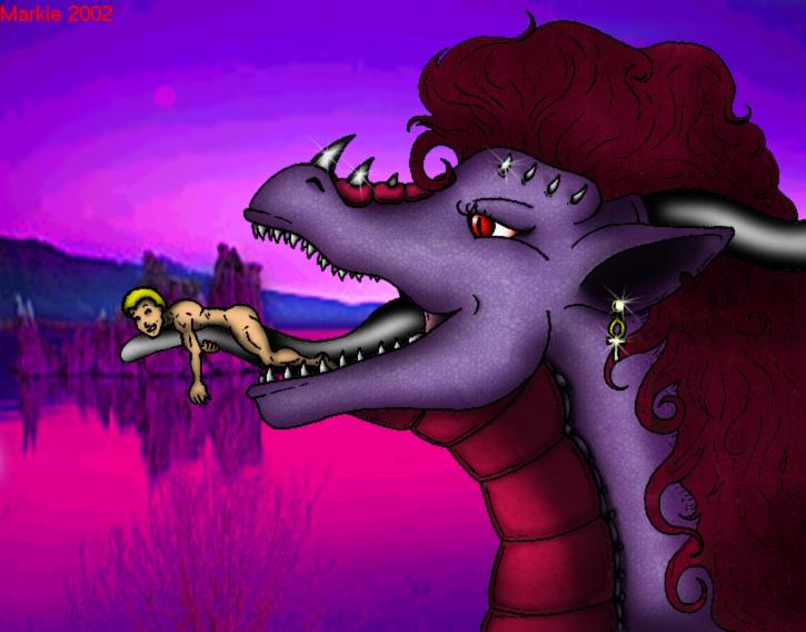 2002 anthro blonde_hair dragon duo ear_piercing english_text female grey_tongue hair human imminent_vore long_hair long_tongue mammal markie nude open_mouth outside piercing purple_scales red_eyes red_hair red_scales scalie sharp_teeth slit_pupils teeth text tongue tongue_out vore