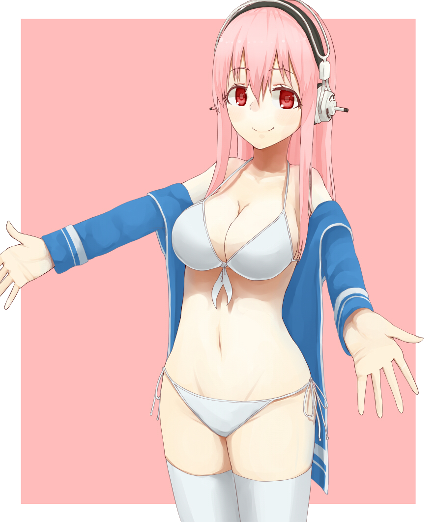 bad_id bad_pixiv_id bare_shoulders bikini blush breasts cleavage front-tie_top headphones large_breasts long_hair looking_at_viewer navel nitroplus off_shoulder open_clothes open_shirt outstretched_arms outstretched_hand pink_bikini pink_hair red_eyes seramikku shirt side-tie_bikini smile solo stomach super_sonico swimsuit thighhighs white_bikini white_legwear