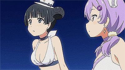 2girls @_@ animated animated_gif bangs black_hair blunt_bangs breasts choker cleavage double_bun earrings gloves hair_ornament hat houkago_no_pleiades jewelry lowres magical_girl multiple_girls pleiadean purple_hair twintails white_gloves