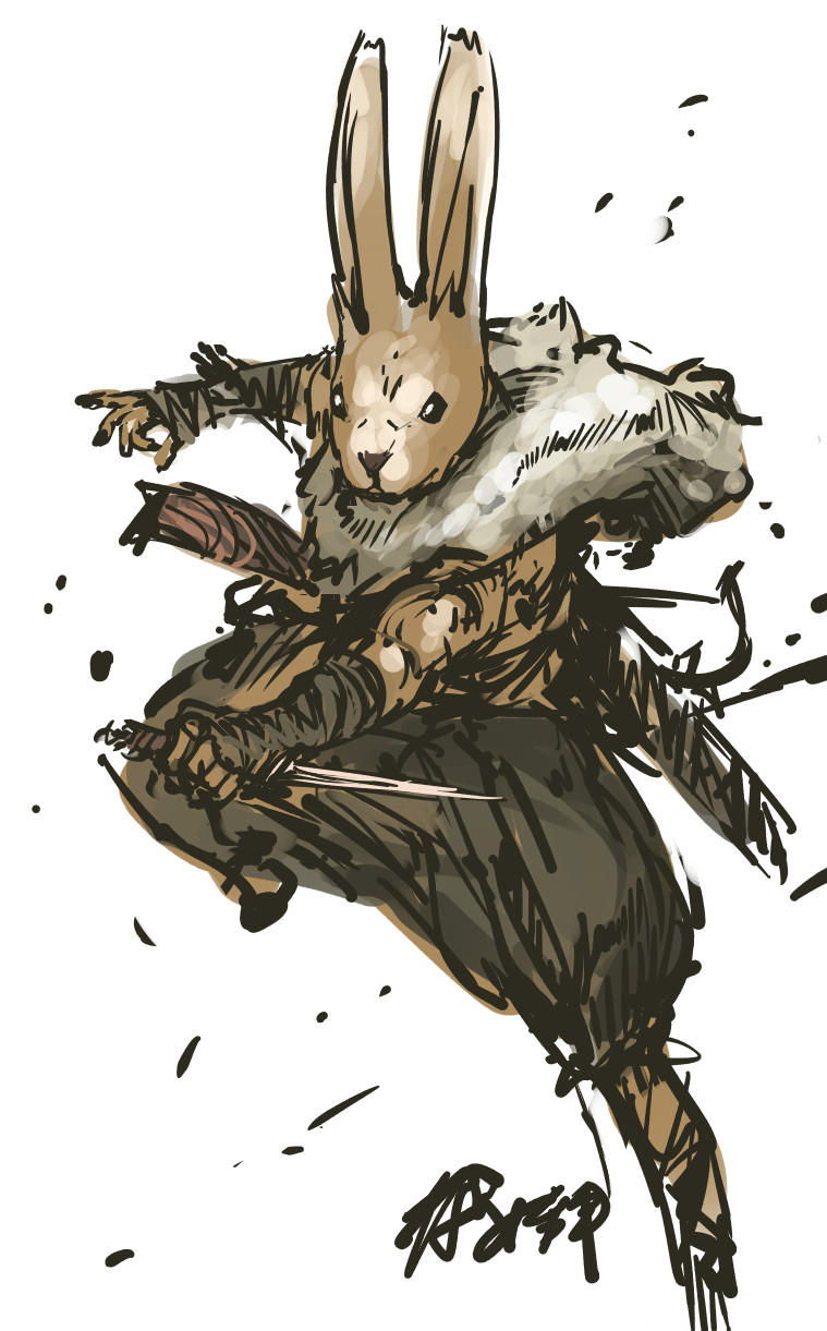 baggy_pants bunny dagger full_body fur_collar furry highres jumping male_focus nameo_(judgemasterkou) overgrowth pants reverse_grip snout solo turner_(overgrowth) weapon