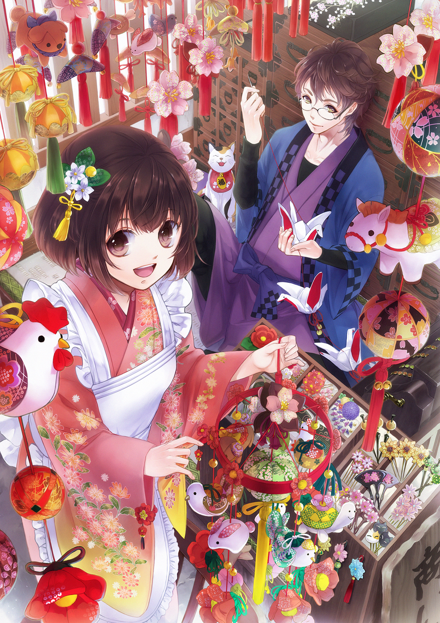 1girl apron ball bird brown_eyes brown_hair bunny cat dog floral_print flower from_above glasses hair_ornament highres holding_needle horse indoors japanese_clothes kanzashi kimono needle open_mouth original sewing shop sitting tassel temari_ball tottome toy wa_maid