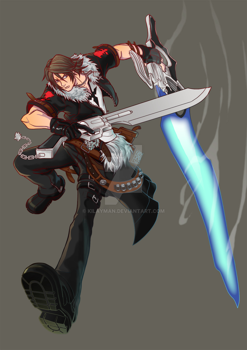 black_gloves blue_eyes boots brown_hair dual_wielding final_fantasy final_fantasy_viii fingerless_gloves gloves gunblade highres holding jewelry kilayman lionheart male_focus necklace pendant short_sleeves solo squall_leonhart trigger_discipline weapon