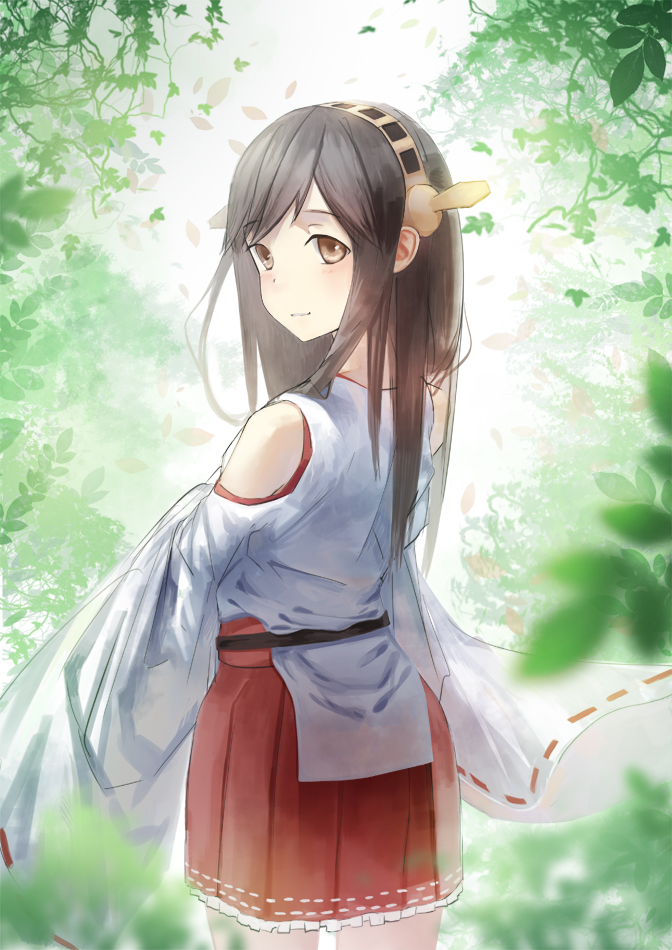 ano54 bangs bare_shoulders black_hair blush brown_eyes detached_sleeves eyebrows eyebrows_visible_through_hair from_behind hairband haruna_(kantai_collection) japanese_clothes kantai_collection leaf long_hair looking_back miniskirt nontraditional_miko ribbon-trimmed_sleeves ribbon_trim skirt smile solo wide_sleeves