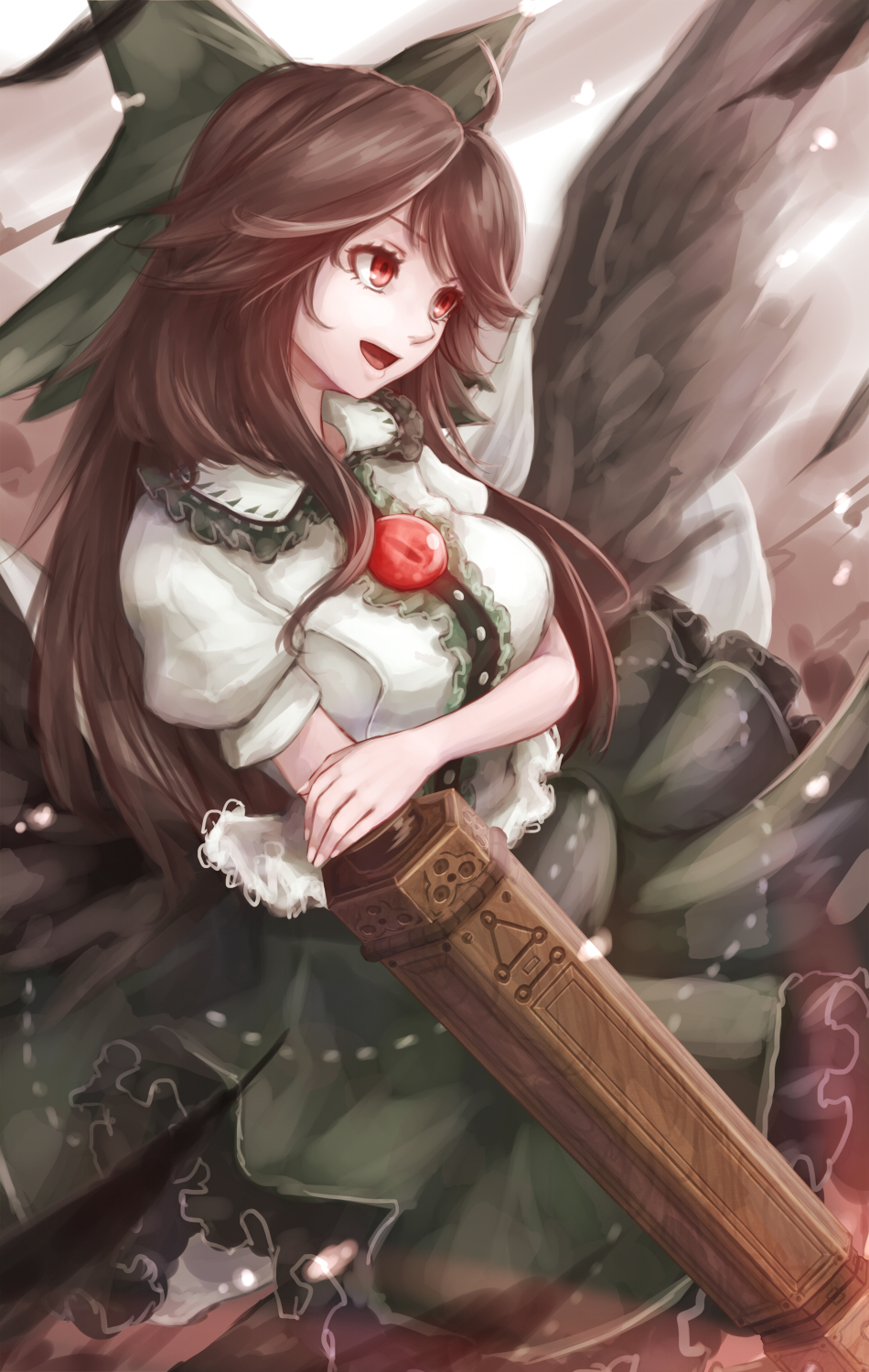 arm_cannon bird_wings black_wings breasts brown_hair cape hair_bun highres hoshibuchi jacket large_breasts long_hair open_clothes open_mouth puffy_short_sleeves puffy_sleeves red_eyes reiuji_utsuho shirt short_sleeves skirt smile solo third_eye touhou very_long_hair weapon wings