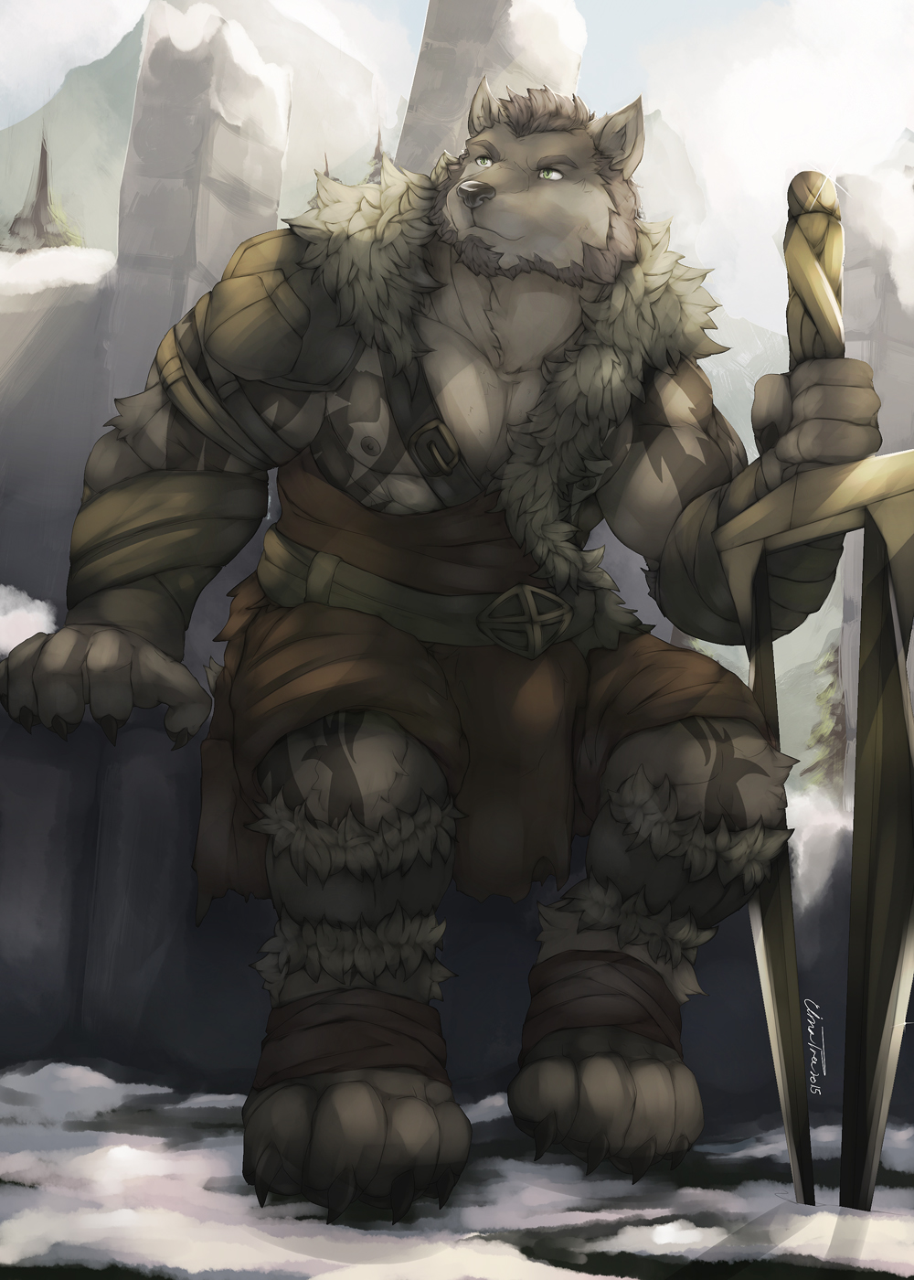 2015 abs anthro armor bandage barefoot belt biceps big_muscles black_nose black_pawpads canine cinna-tree claws clothed clothing cold facial_hair fluff fur green_eyes grey_fur grey_hair grey_nipples hair loincloth looking_away male mammal markings muscles nipples pawpads paws pecs pose sitting smile snow solo sword tattoo toe_claws toned tree weapon wolf