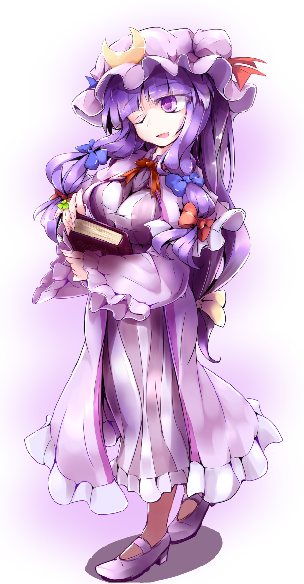 book capelet coat crescent dress fumitsuki_(minaduki_6) grimoire hair_ribbon hat highres jacket long_hair long_sleeves mob_cap one_eye_closed open_clothes open_coat open_mouth patchouli_knowledge purple_eyes purple_hair ribbon smile solo striped striped_dress touhou tress_ribbon very_long_hair wide_sleeves