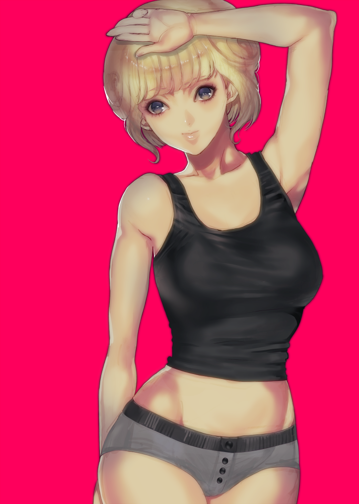 1girl amano_ai arm_behind_back arm_up armpits backlighting bangs bare_shoulders blonde_hair blunt_bangs breasts buttons collarbone cowboy_shot crop_top den'ei_shoujo grey_panties hand_on_own_forehead light_smile lips medium_breasts midriff panties short_hair simple_background sleeveless solo standing tank_top tomohide underwear