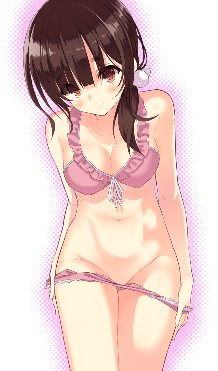 anza_tomo bad_id bad_pixiv_id bare_arms bikini bikini_pull blush breasts brown_eyes brown_hair cleavage eyes_visible_through_hair frilled_bikini frills front-tie_bikini front-tie_top hair_ornament highres lace lace-trimmed_bikini lace-trimmed_panties large_breasts leaning_forward long_hair looking_at_viewer midriff navel original panties panty_pull polka_dot polka_dot_background ponytail solo swimsuit thighs underwear