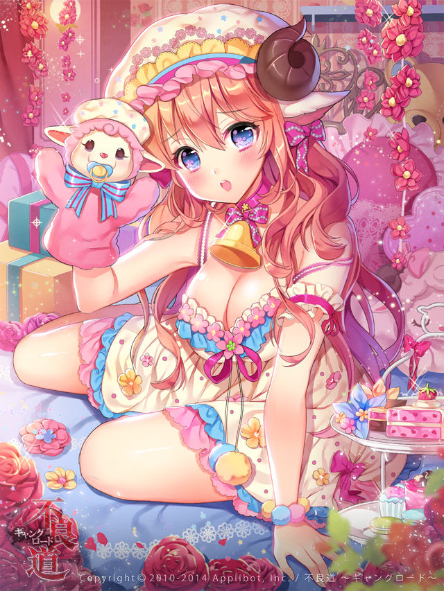:o animal_ears armband bad_id bad_pixiv_id bell bell_collar blue_eyes blush box breasts cake collar company_name cupcake dated dress flower food frilled_pillow frills fruit furyou_michi_~gang_road~ gift gift_box gown hair_ribbon hat horns large_breasts looking_at_viewer macaron mob_cap official_art orange_hair pacifier pillow pom_pom_(clothes) puppet ribbon sheep sheep_ears sheep_horns sitting slice_of_cake solo strawberry stuffed_animal stuffed_toy teddy_bear tiered_tray wallpaper_(object) watermark wristband yamada_fumi yeonwa yokozuwari