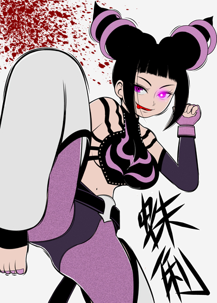 :p belt black_hair fighting_stance fingerless_gloves gloves glowing glowing_eye han_juri leg_lift midriff nail_polish pink_eyes short_twintails solo street_fighter street_fighter_iv_(series) tongue tongue_out twintails