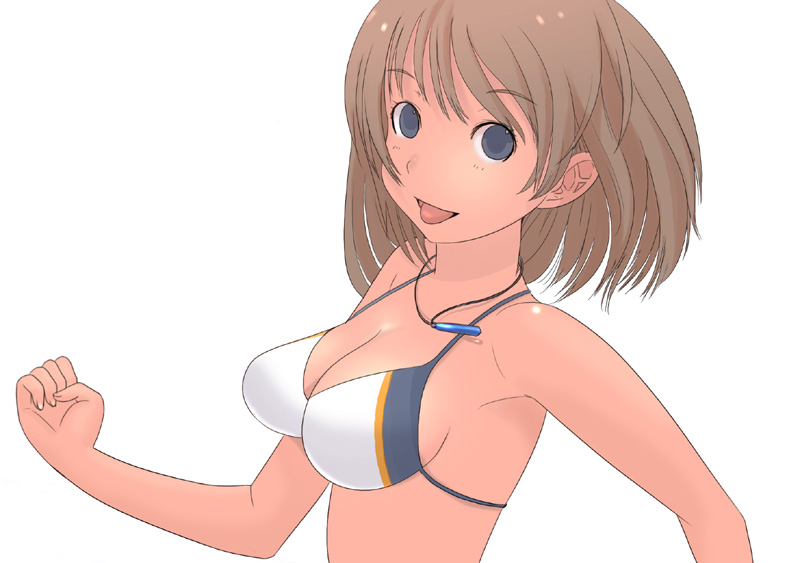 :p bikini blue_eyes breasts brown_hair copyright_request jewelry kiriman_(souldeep) large_breasts necklace solo swimsuit tongue tongue_out