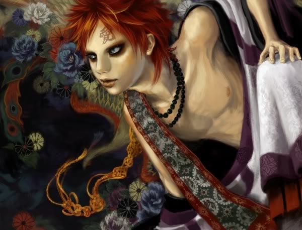 1boy alternate_costume artist_request eye_liner eyeshadow facial_mark flower gaara green_eyes jewelry makeup male_focus naruto necklace open_clothes painterly parted_lips realistic red_hair sash squatting