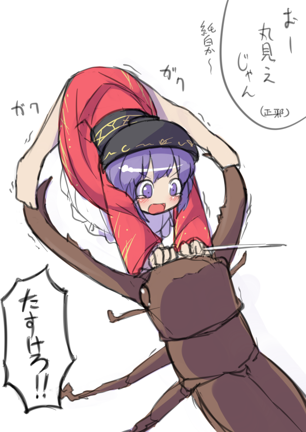 beetle blush bowl bowl_hat bug commentary_request fun_bo hat insect japanese_clothes kimono minigirl needle purple_eyes purple_hair short_hair sketch solo stag_beetle struggling sukuna_shinmyoumaru tears touhou translated