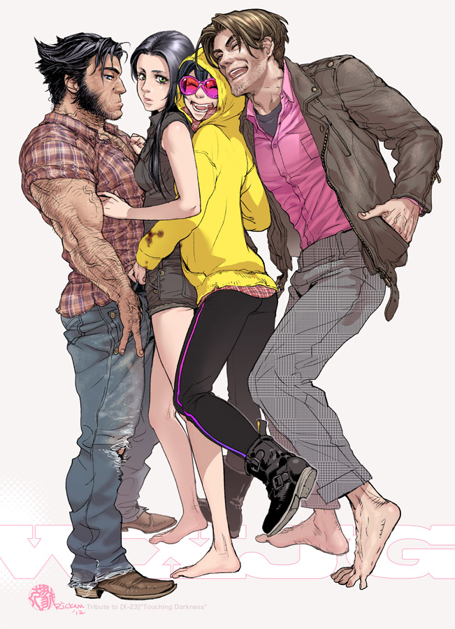 2girls barefoot black_hair brown_hair closed_eyes denim denim_shorts fangs gambit grin jeans jubilee marvel multiple_boys multiple_girls pants ricken sandwiched shoes shorts smile standing track_pants unmoving_pattern vampire wolverine x-23 x-men