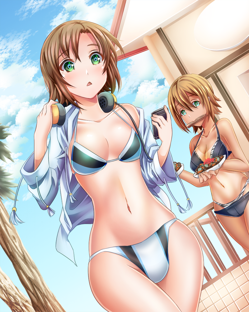 beach bikini breasts brown_hair cleavage day dutch_angle earrings green_eyes headphones idolmaster idolmaster_cinderella_girls jewelry jitome jude_(minority_lilac) kimura_natsuki large_breasts looking_at_viewer medium_breasts mouth_hold multiple_girls navel open_mouth outdoors short_hair stomach swimsuit tada_riina tankini triangle_mouth