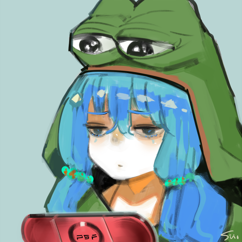 animal_costume artist_name blue_background blue_eyes blue_hair boy's_club feels_good_man frog_costume handheld_game_console hood ishida_sui long_hair lowres meme oekaki pepe_the_frog playstation_portable simple_background solo tokyo_ghoul tokyo_ghoul:re twintails yonebayashi_saiko