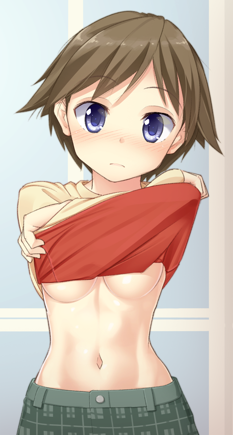 akai_ronii blue_eyes blush breasts brown_hair commentary contemporary hiei_(kantai_collection) kantai_collection looking_at_viewer medium_breasts midriff navel no_hairband short_hair solo stomach underboob undressing