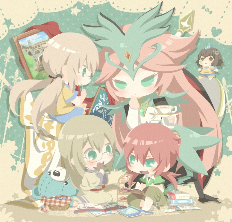 2girls :&lt; armor basket blonde_hair brown_eyes cake cameo candy cup doll dual_persona eating flag food frown gingham glasses green_eyes heart inazuma_eleven_(series) inazuma_eleven_go inazuma_eleven_go_chrono_stone jeanne_d'arc_(inazuma_eleven) keshin_(inazuma_eleven) kirino_ranmaru kirino_ranmaru_(mixi_max_jeanne_d'arc) light_brown_hair long_hair macaron multiple_boys multiple_girls no_pupils painting_(object) raimon raimon_soccer_uniform saucer senkishi_brunnhilde shindou_takuto slice_of_cake soccer_uniform sportswear star strawberry_shortcake stuffed_animal stuffed_toy teacup tears teddy_bear ticktack_chicken tiered_tray twintails unmoving_pattern very_long_hair wonderbat