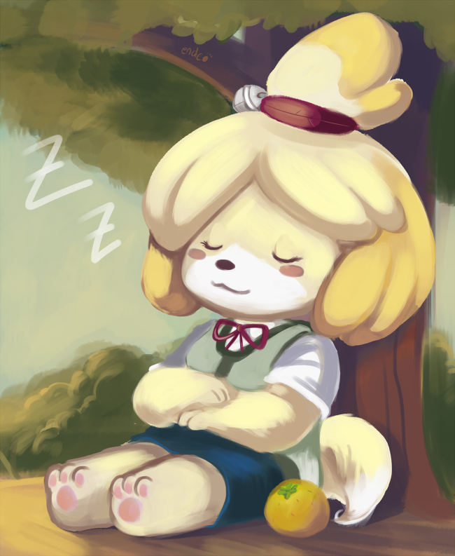 animal_crossing anthro bell black_nose canine clothed clothing cute dog ende eyelashes eyes_closed female fruit fur hair isabelle_(animal_crossing) mammal nintendo outside pawpads paws sitting sleeping solo tree video_games white_fur yellow_fur