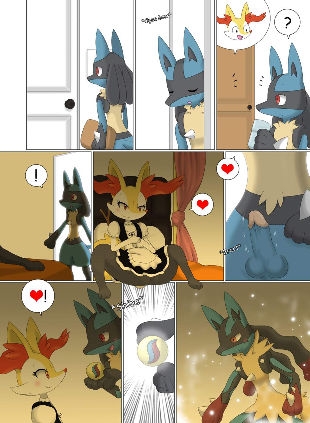 ! &lt;3 ? bed blanket braixen canine door erection evolution eyes_closed fox fur lucario mammal mega_evolution mega_lucario nintendo penis pillow pok&eacute;mon red_eyes spikes video_games winick-lim