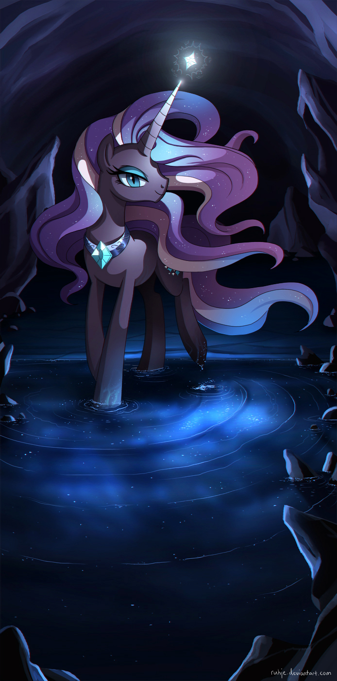 2015 blue_eyes cave equine eyeshadow female gem glowing hair horn inside looking_at_viewer makeup mammal my_little_pony necklace nightmare_rarity_(idw) portrait purple_hair ruhje slit_pupils solo sparkles two_tone_hair underground unicorn water white_hair
