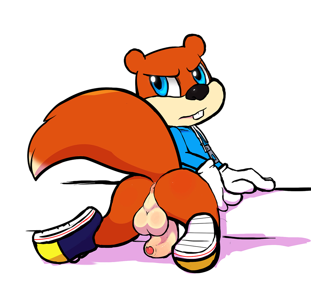 annoyed anthro anus backsack balls bottomless buckteeth butt cell_shaded clothed clothing conker conker's_bad_fur_day digital_media_(artwork) half-dressed hoodie kneeling leaning leaning_forward looking_at_viewer looking_back male mammal partially_retracted_foreskin penis penis_backwards perineum phimosis raised_tail redemption3445 rodent running_shoes solo squirrel thick_penis uncut